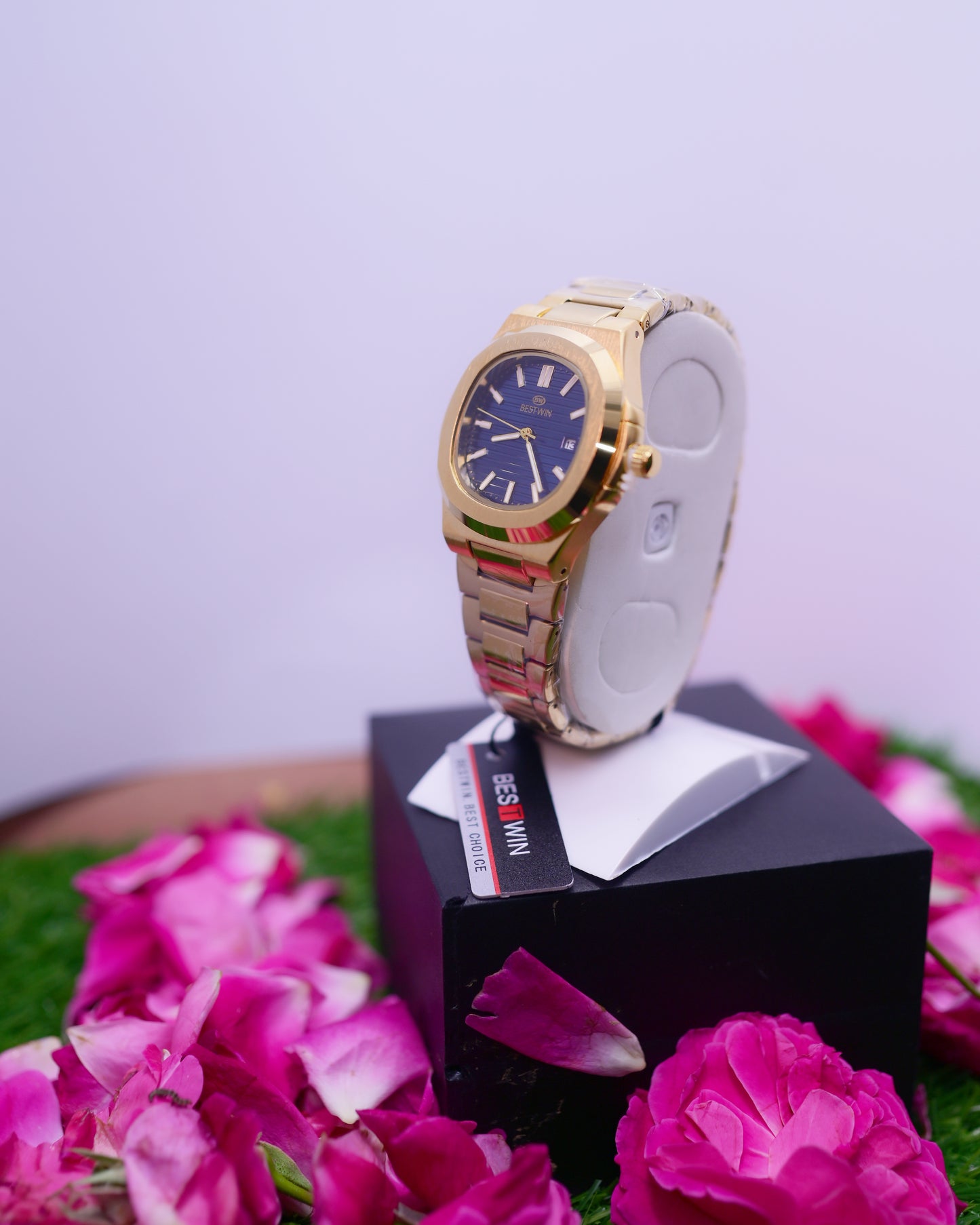 BestWin gold mens wrist watch with blue dial - stainless steel watch for men