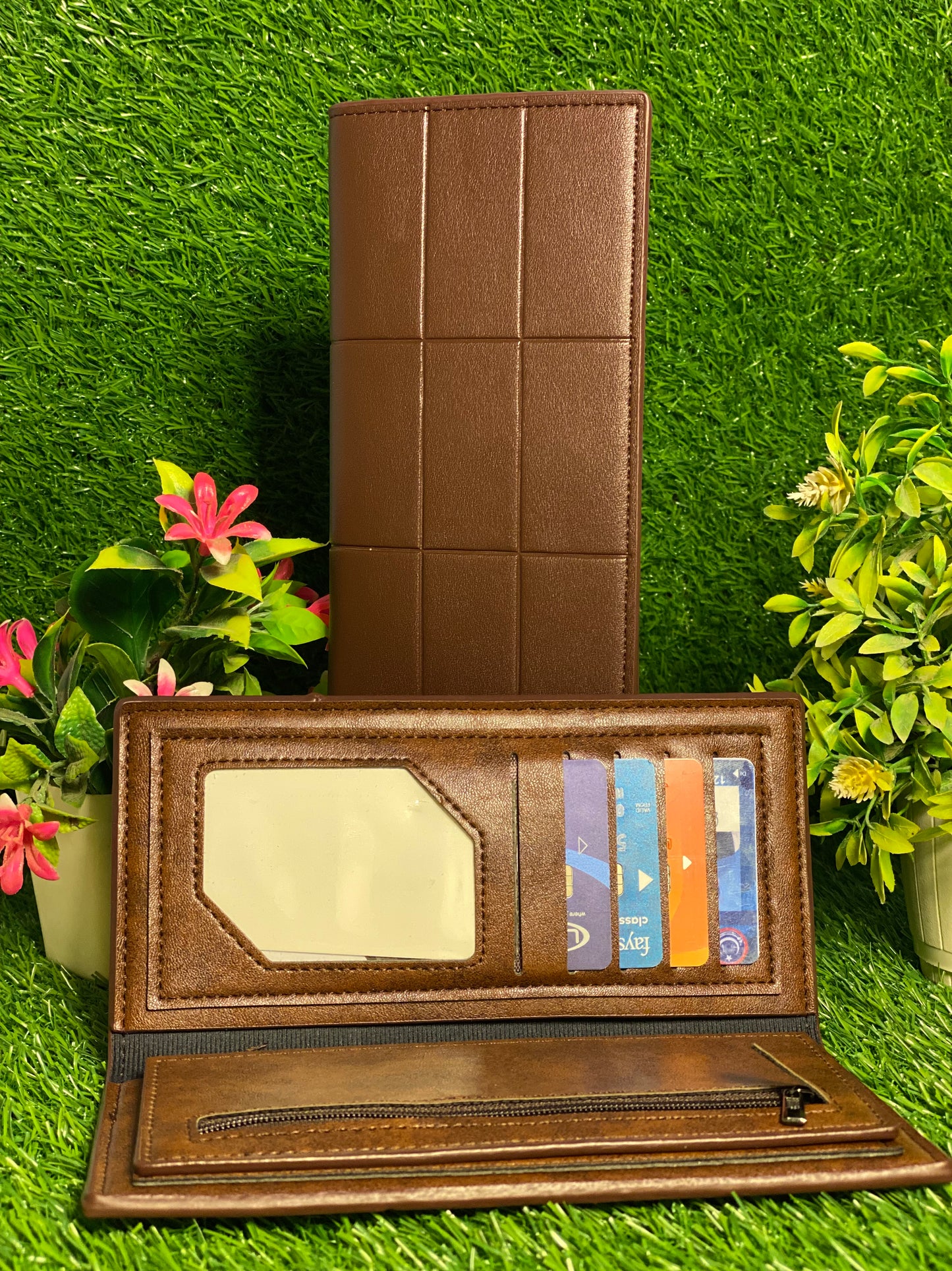 Stylish Brown Leather Long Wallet with Card Holder and Zipper Pocket