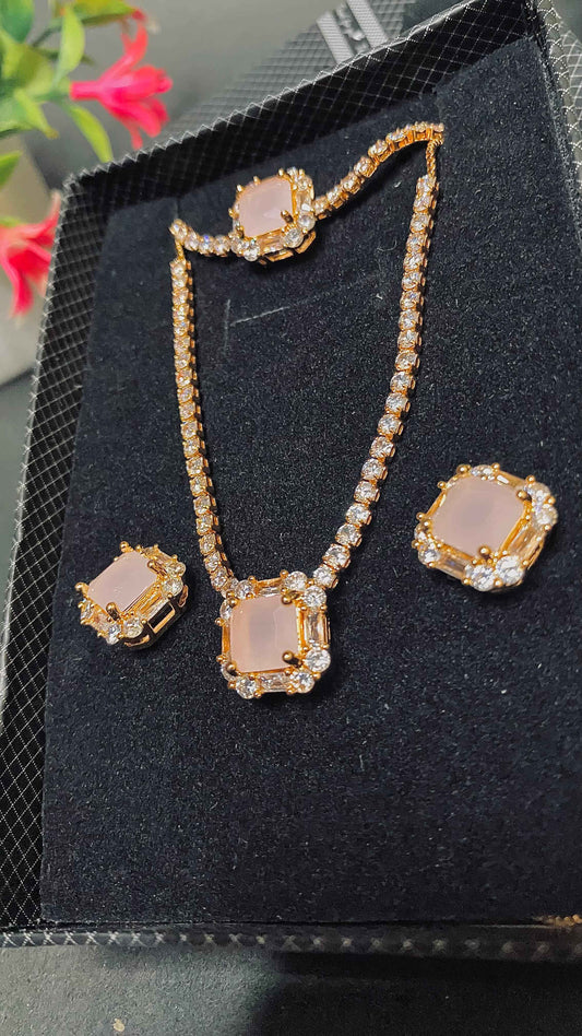 Rose Glow Square-Cut Jewelry Set – Elegant Gold Finish with Sparkling JS Border