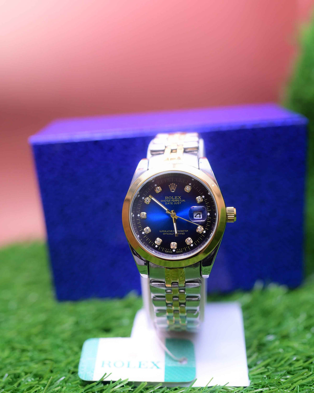 Two-Tone Oyster Perpetual Style Men's Wrist Watch with Diamonds