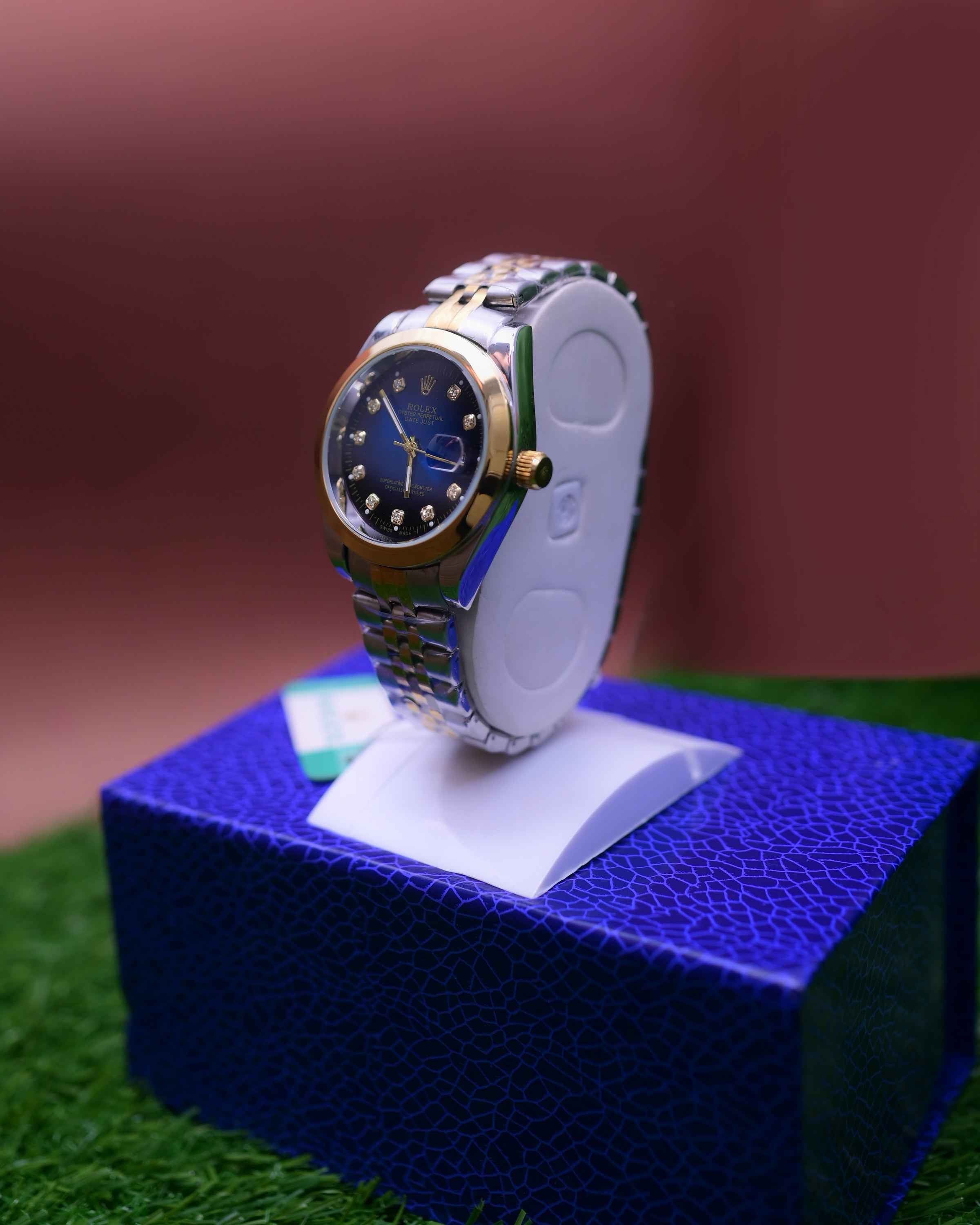 Two-Tone Oyster Perpetual Style Men's Wrist Watch with Diamonds