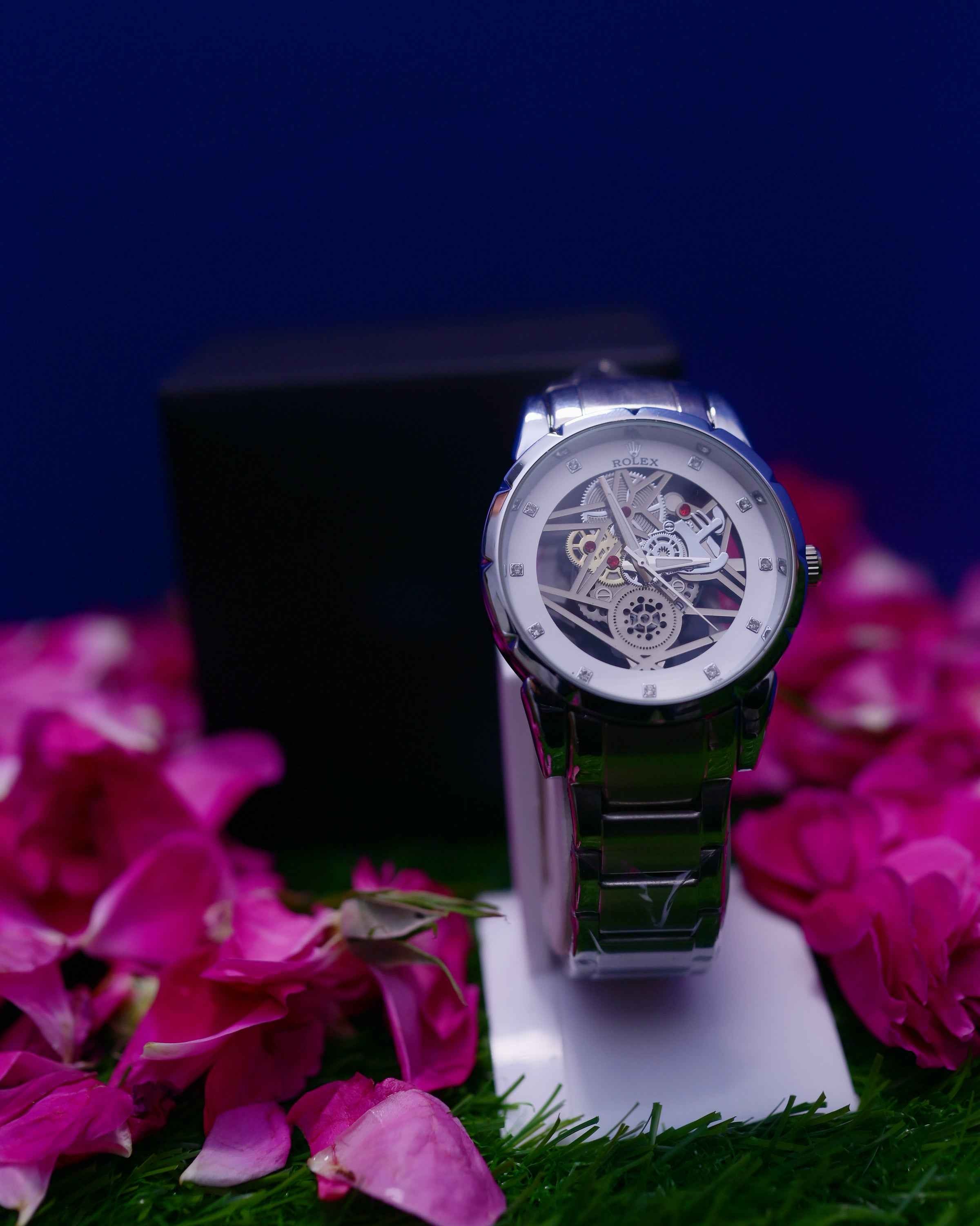 Luxury Skeleton Dial Silver Stainless Steel Watch for Men