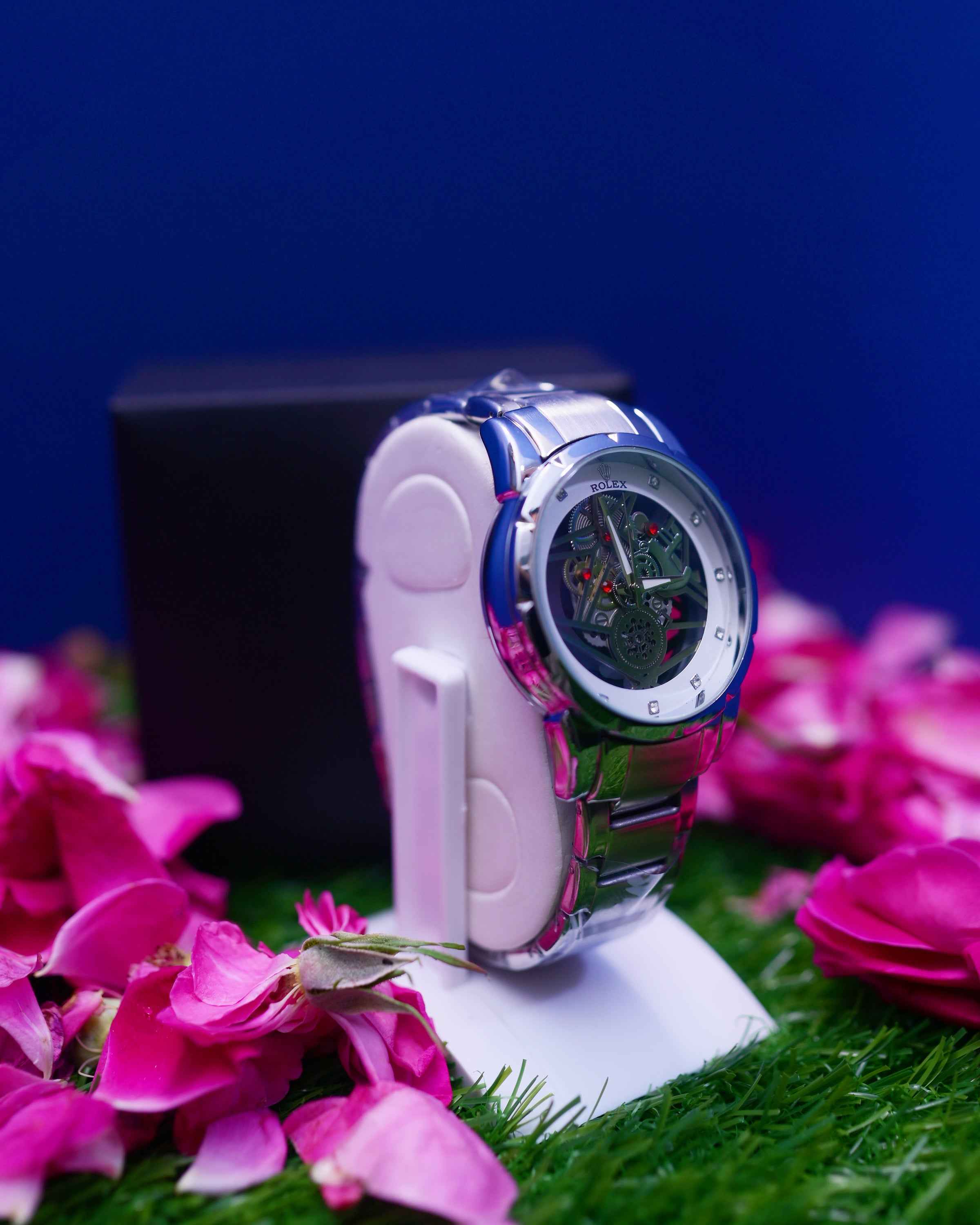 Luxury Skeleton Dial Silver Stainless Steel Watch for Men