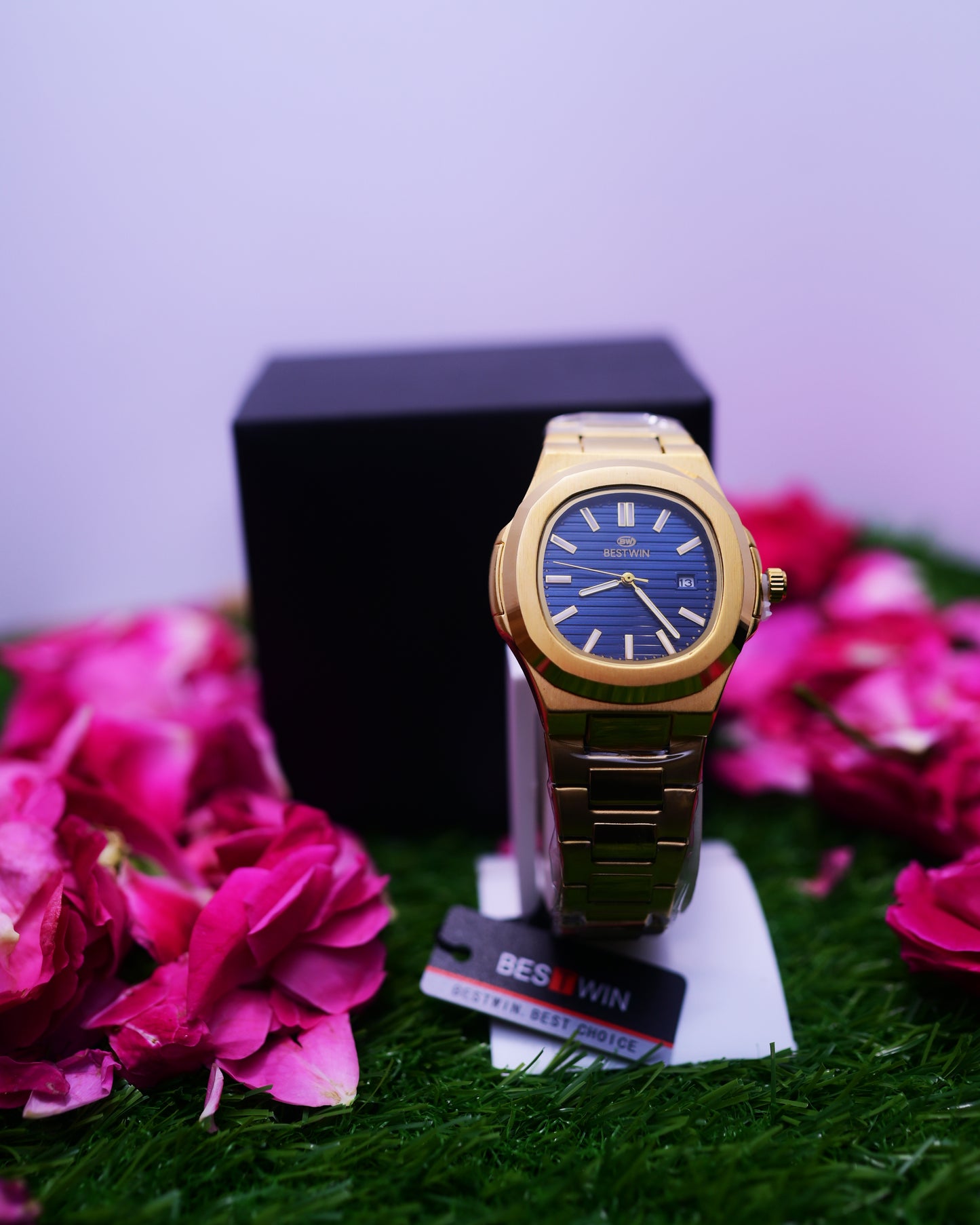 BestWin gold mens wrist watch with blue dial - stainless steel watch for men

