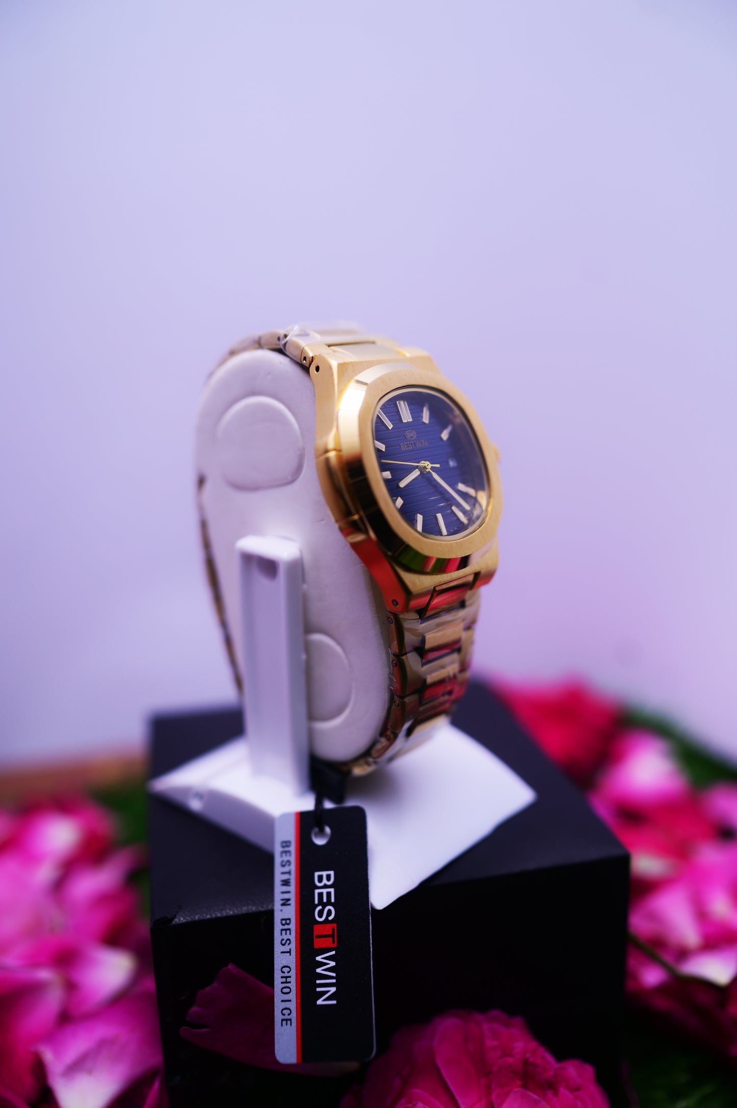 BestWin gold mens wrist watch with blue dial - stainless steel watch for men

