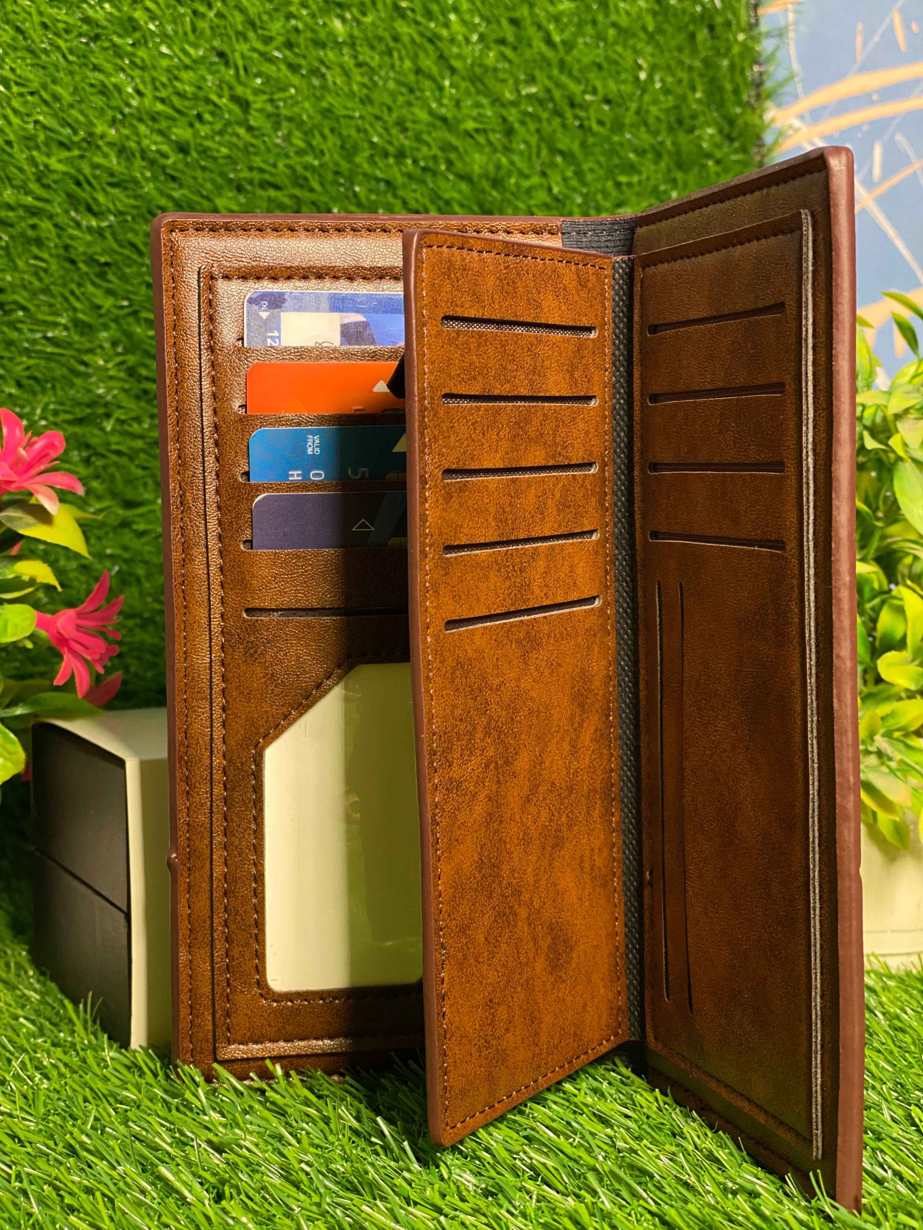 Stylish Brown Leather Long Wallet with Card Holder and Zipper Pocket