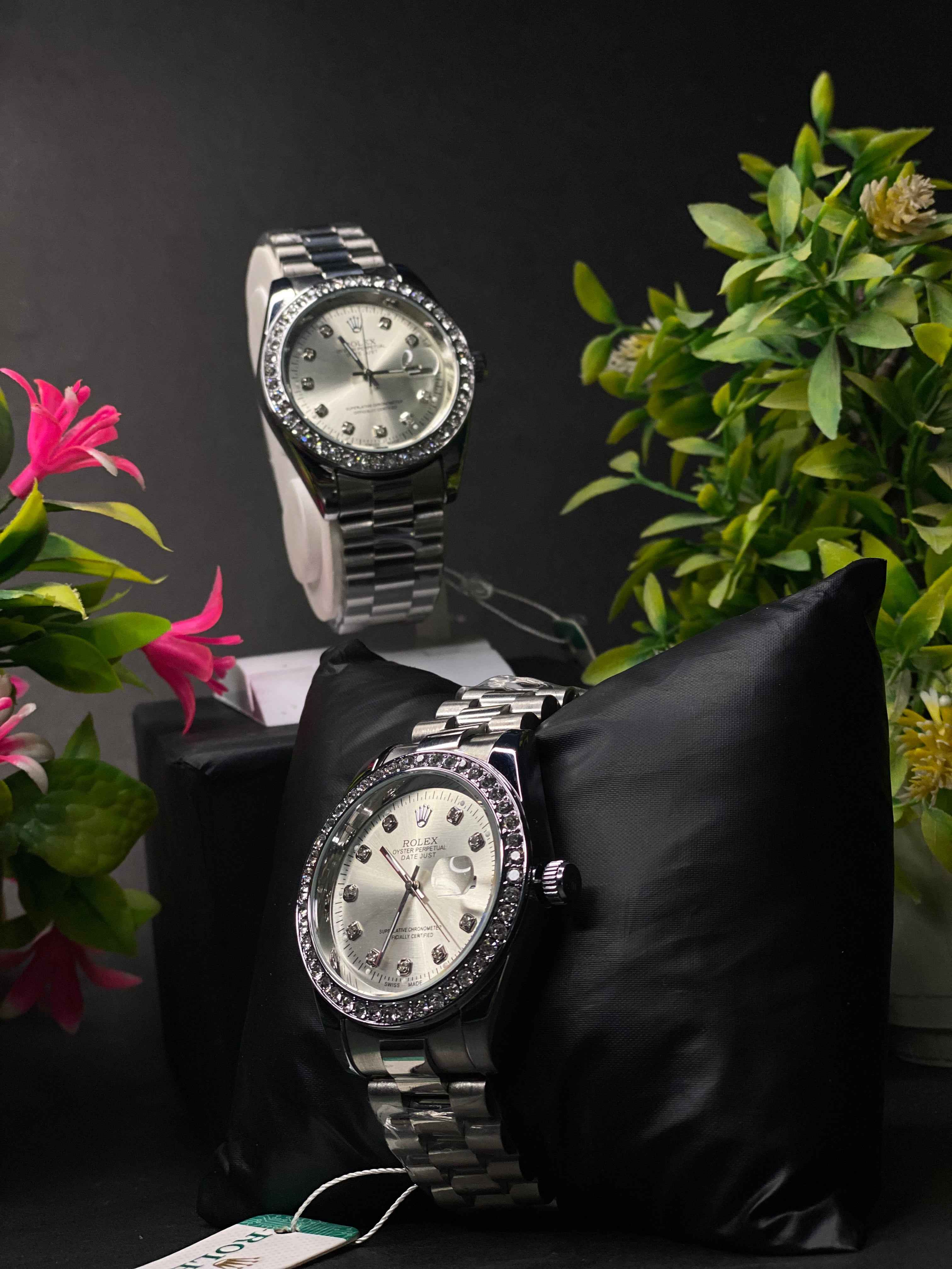 Elegant Silver Watch with Diamond Accents in Display Box