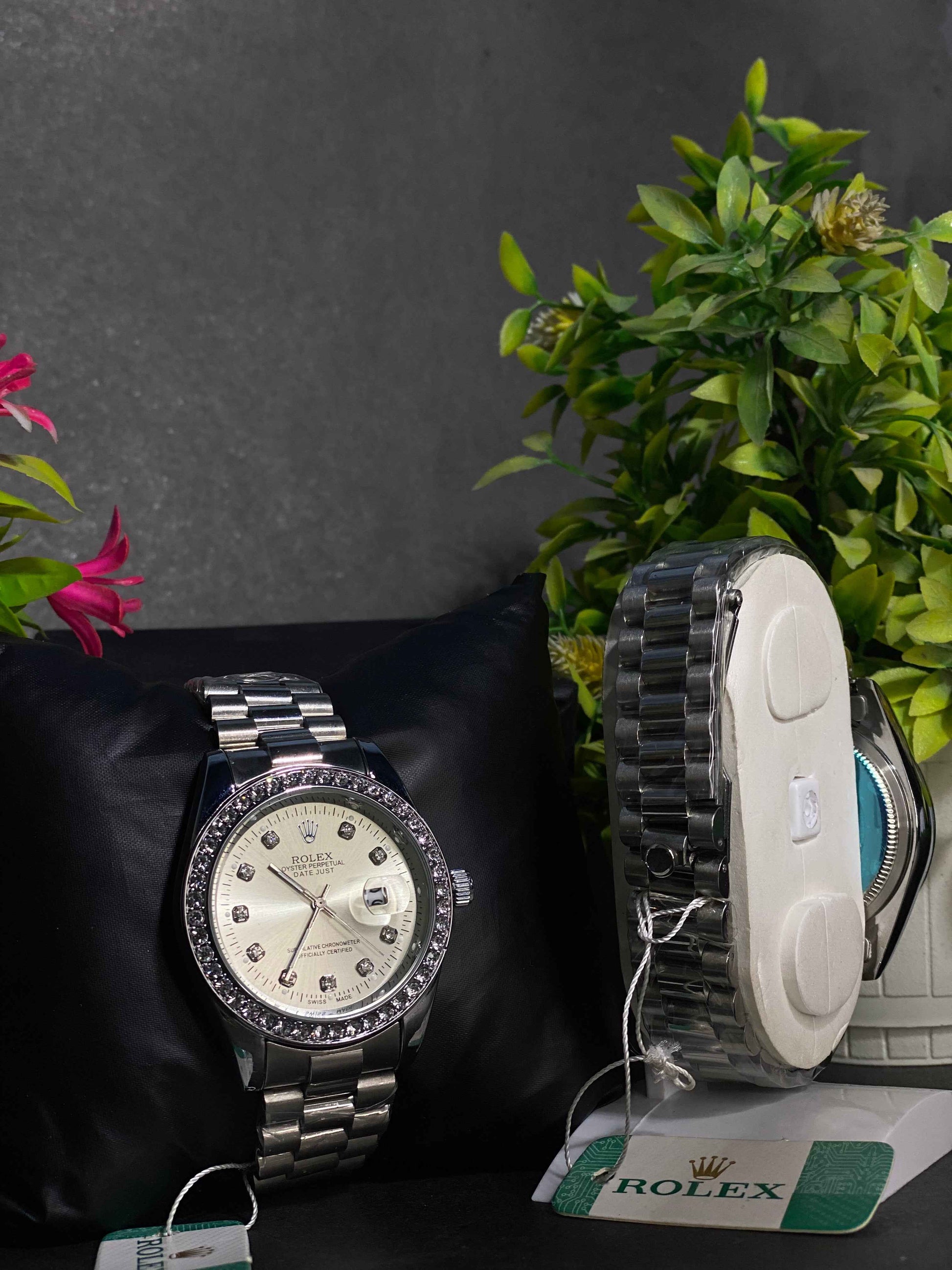 Elegant Silver Watch with Diamond Accents in Display Box