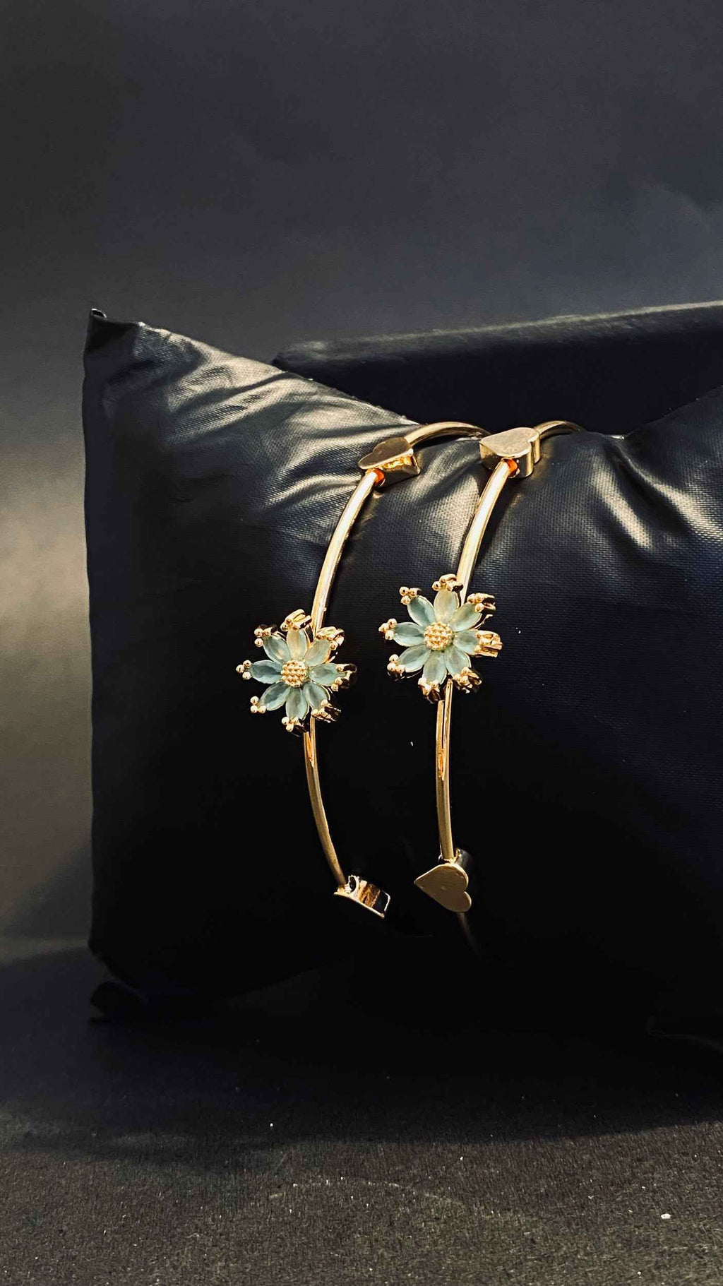 Elegant Gold Bangles with Pastel Blue Floral Gemstone Accents