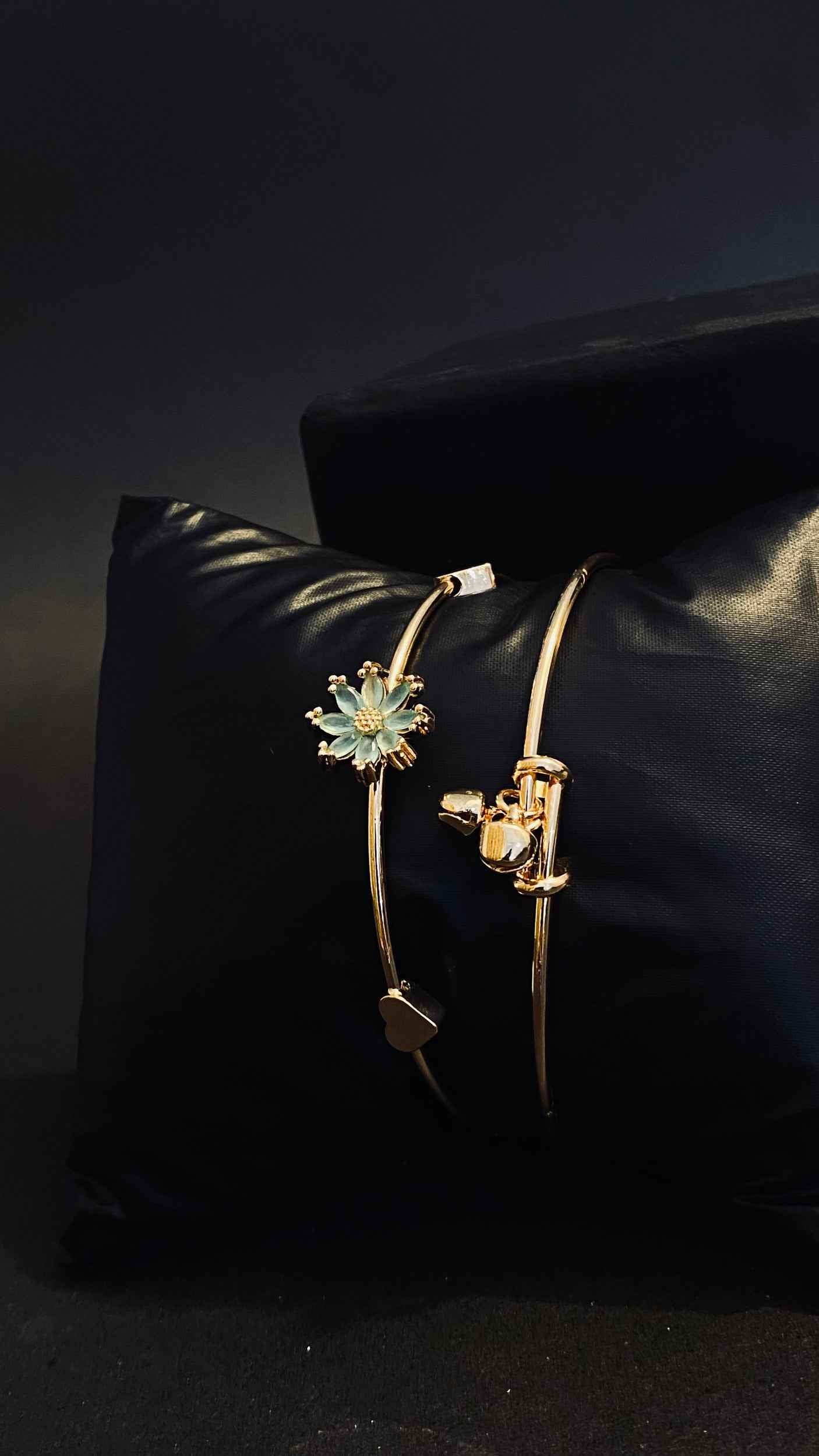 Elegant Gold Bangles with Pastel Blue Floral Gemstone Accents