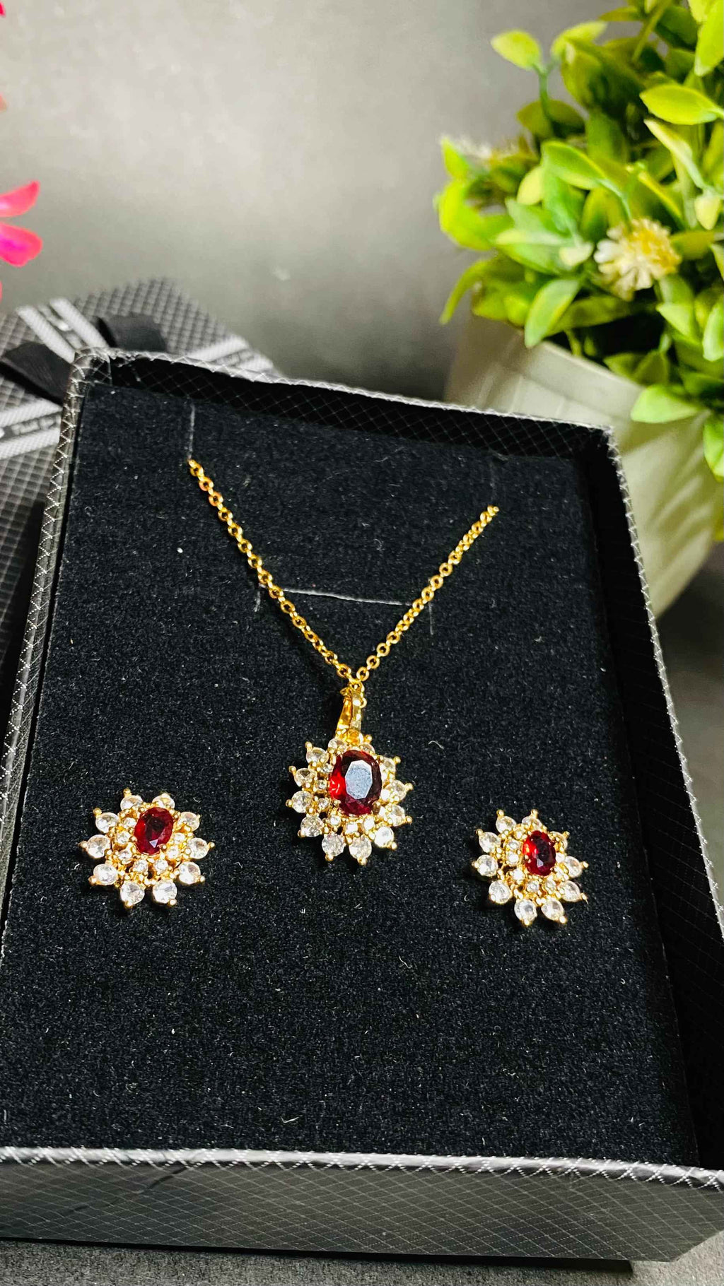 Crimson Bloom Necklace & Earrings Set – Gold Finish with Sparkling Stone Halo
