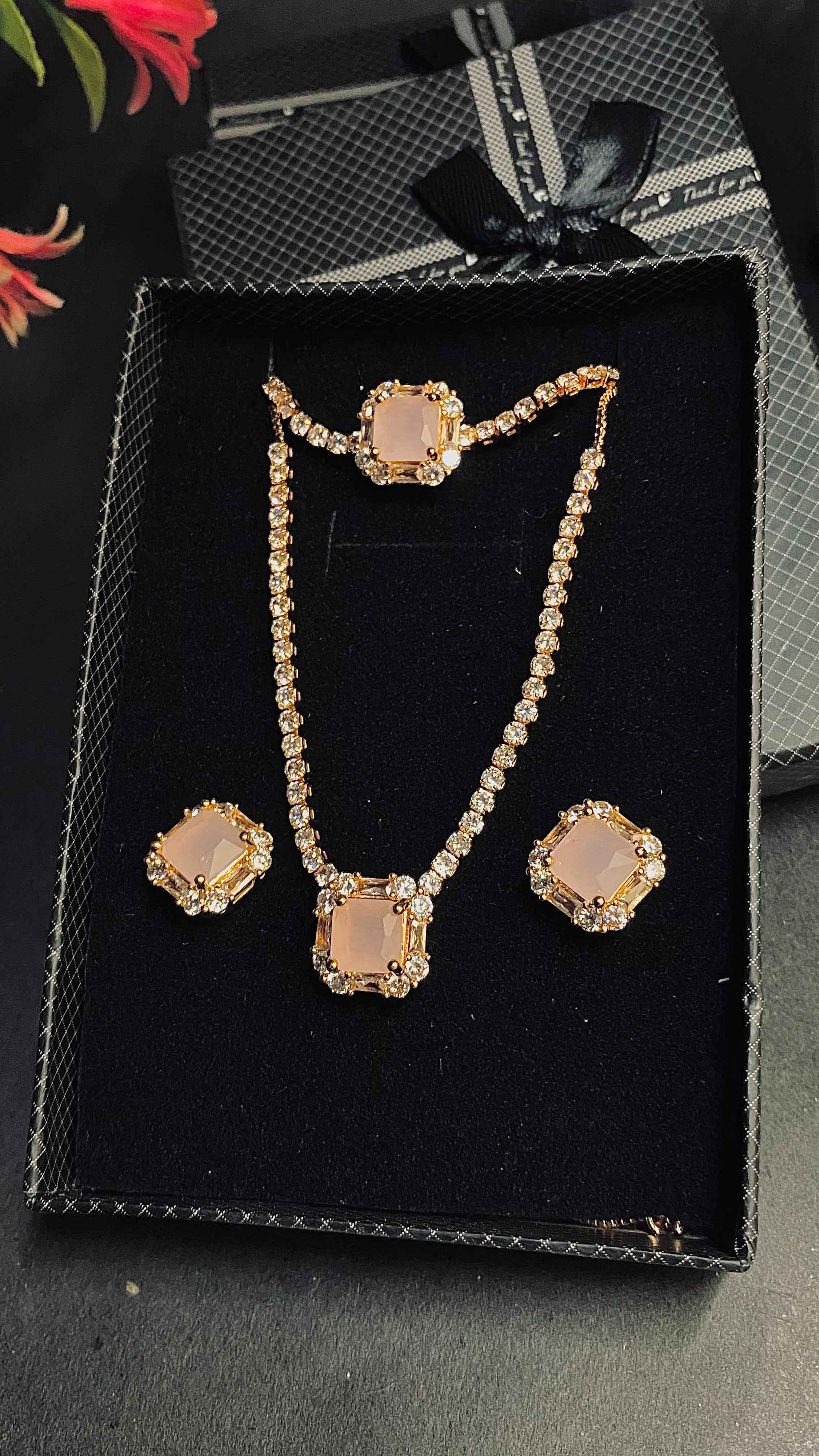 Rose Glow Square-Cut Jewelry Set – Elegant Gold Finish with Sparkling JS Border