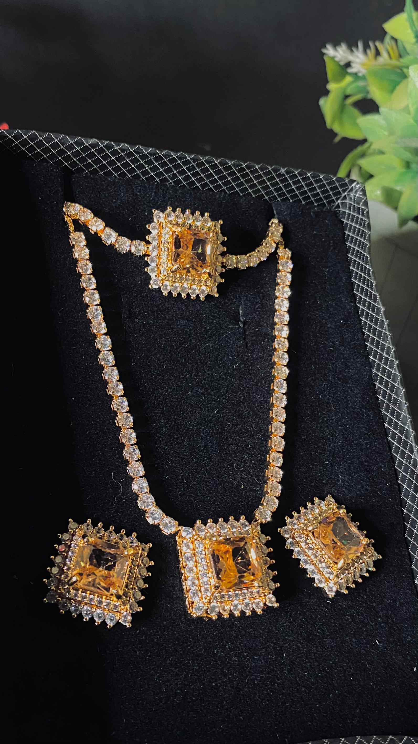 Elegant Blush Stone Trio Set – Gold Chain, Studs & Ring with JS Accents