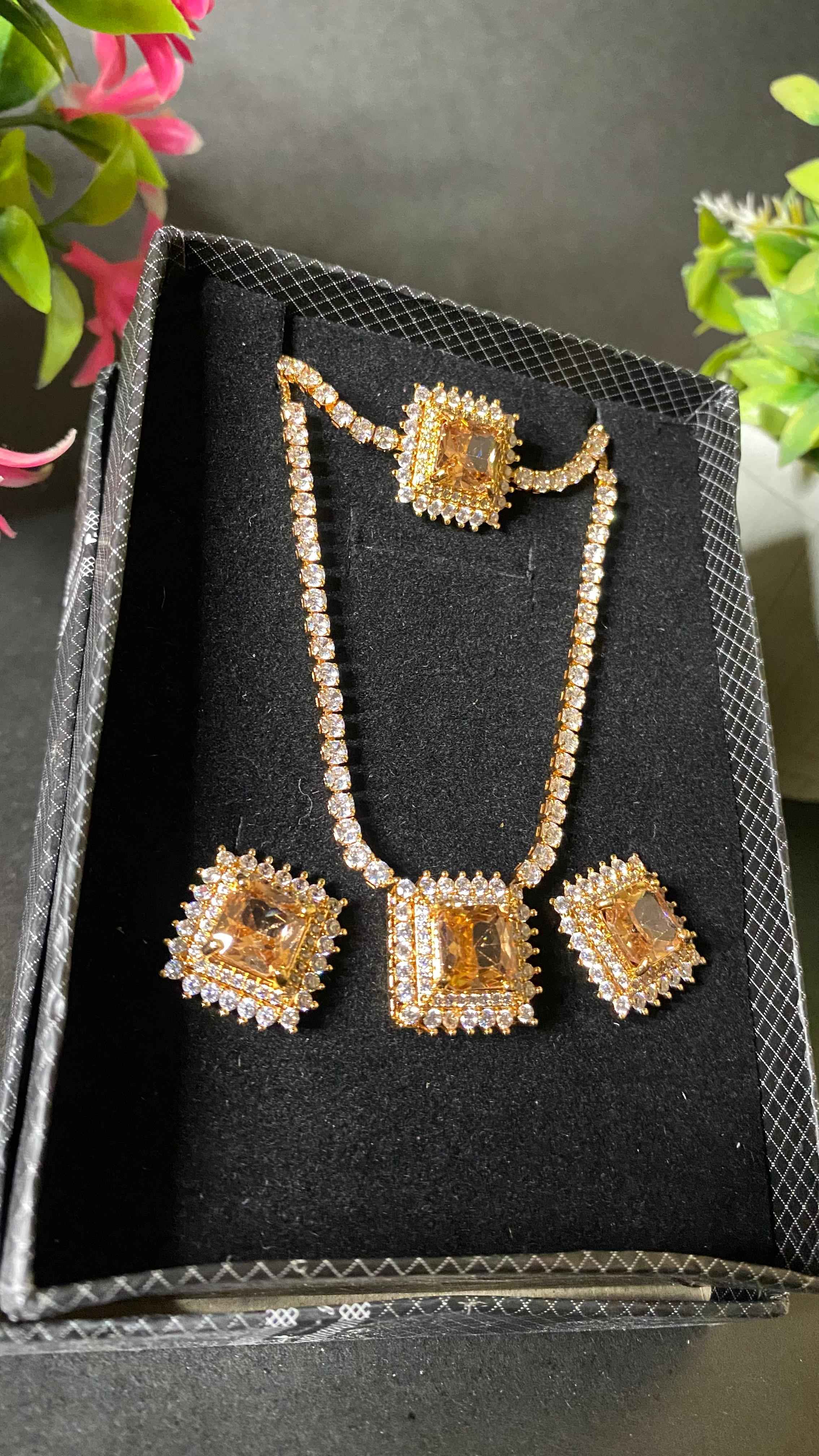 Elegant Blush Stone Trio Set – Gold Chain, Studs & Ring with JS Accents