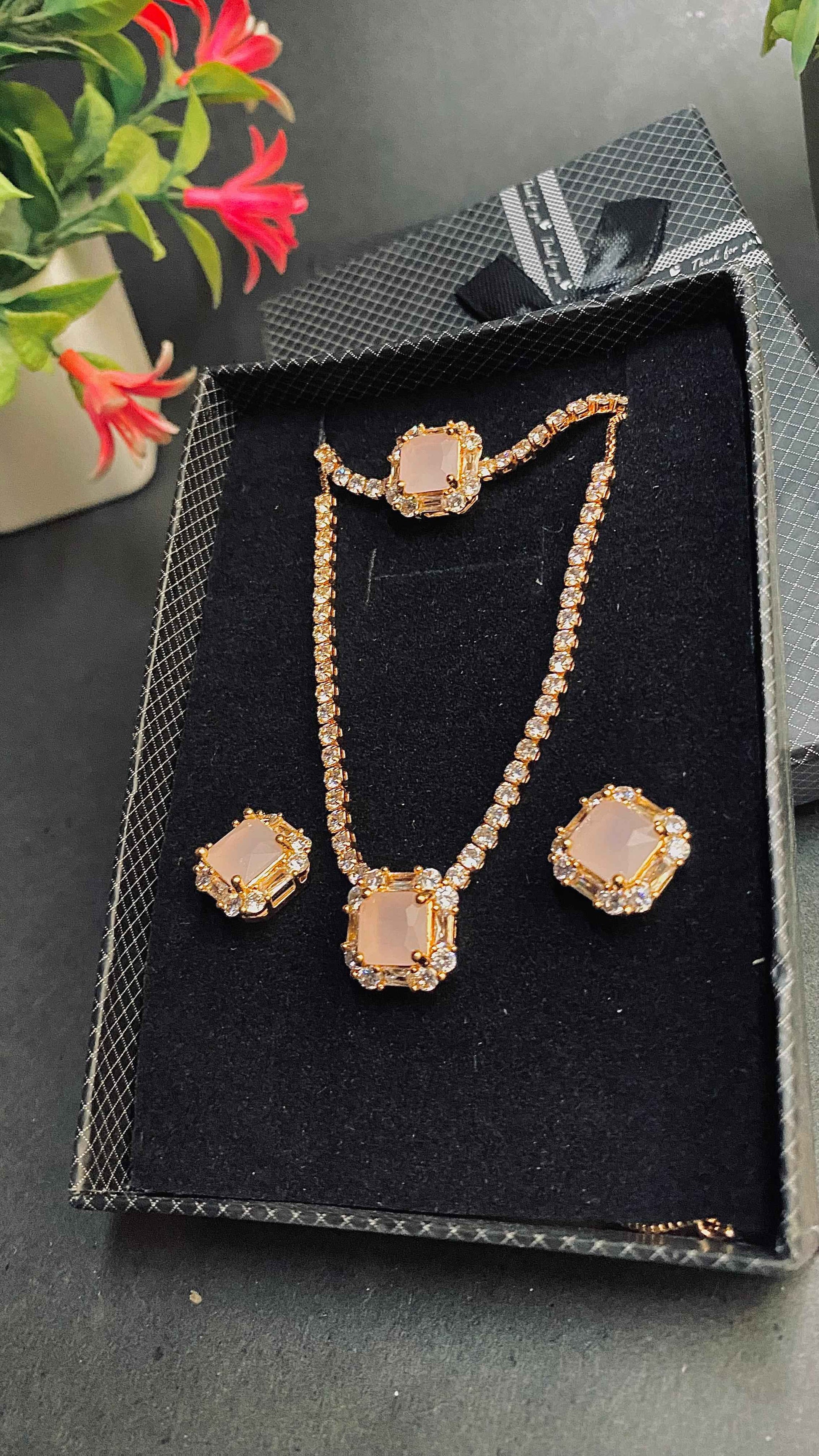 Rose Glow Square-Cut Jewelry Set – Elegant Gold Finish with Sparkling JS Border
