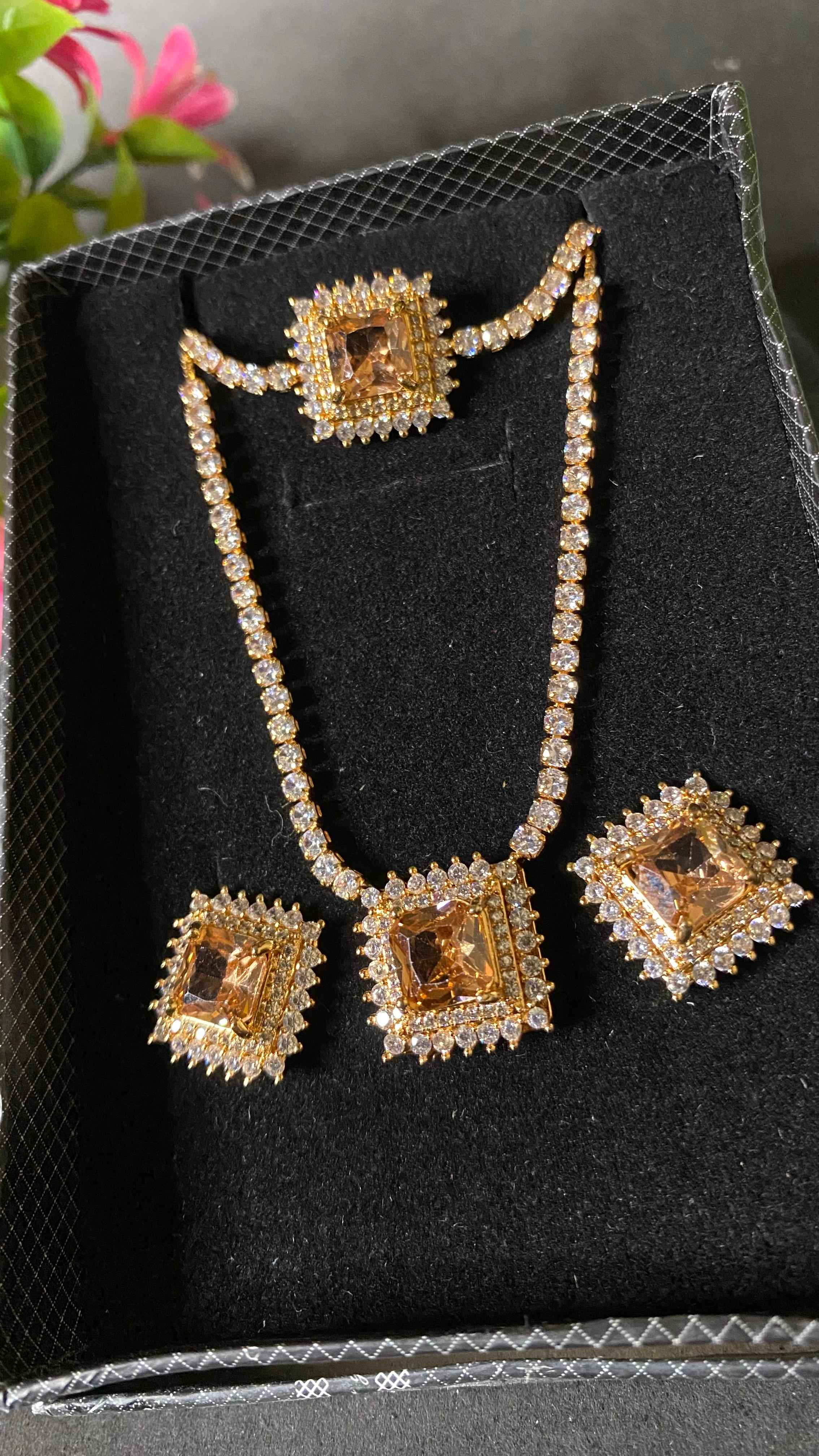 Elegant Blush Stone Trio Set – Gold Chain, Studs & Ring with JS Accents