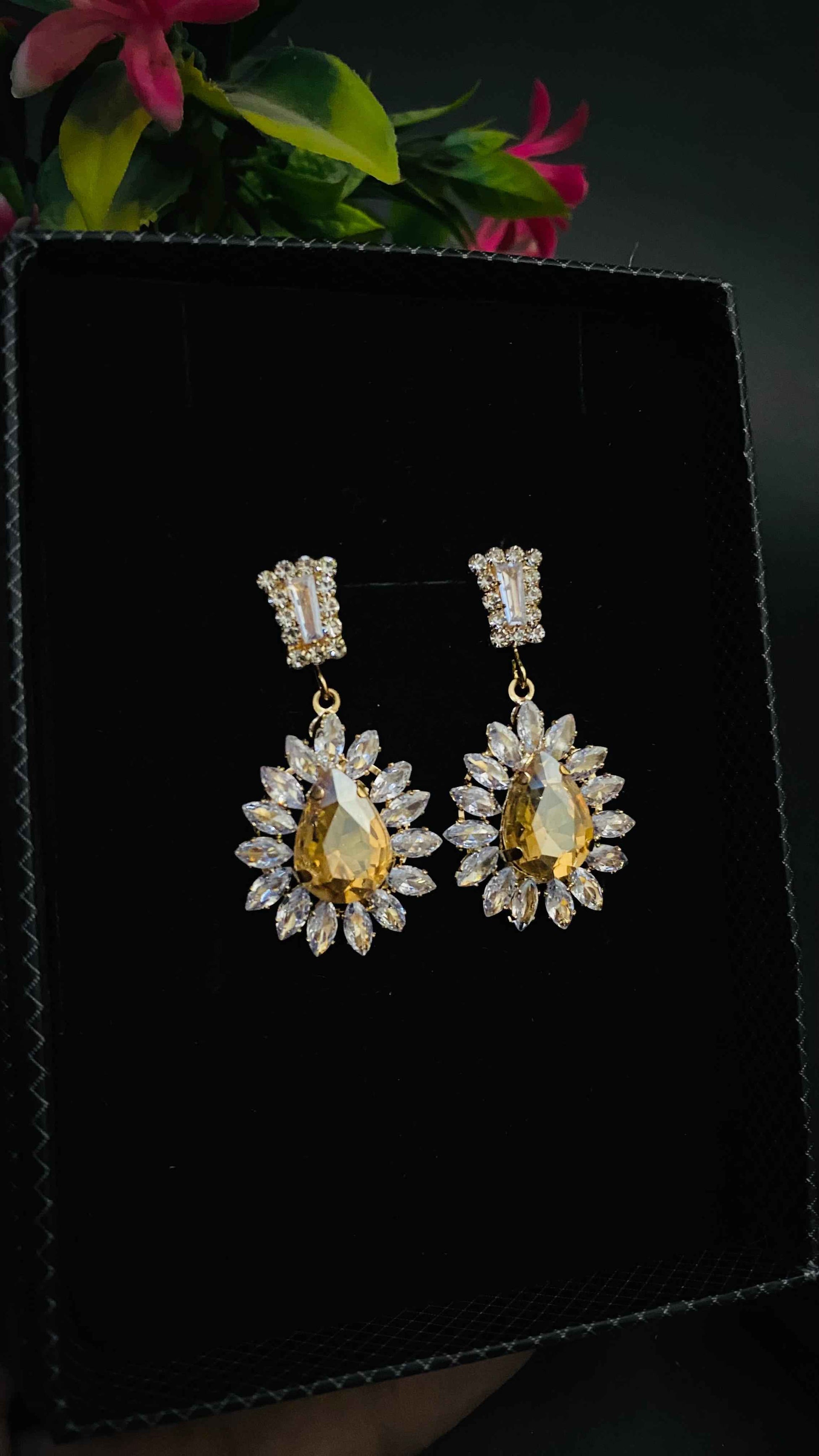 Royal Teardrop Earrings with Crystal Sunburst Design